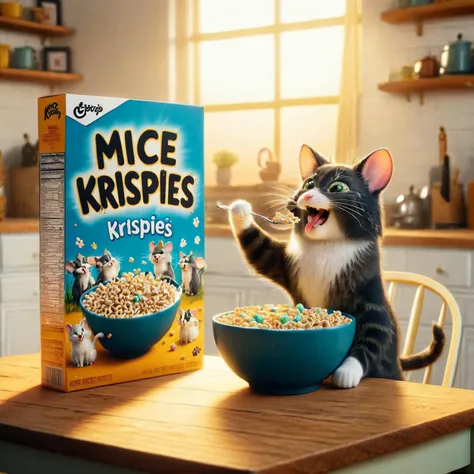 cereal box with the text "Mice Krispies", a cat-themed cereal<lora:Whimsy_Crunch_-_breakfast_of_champions:1>