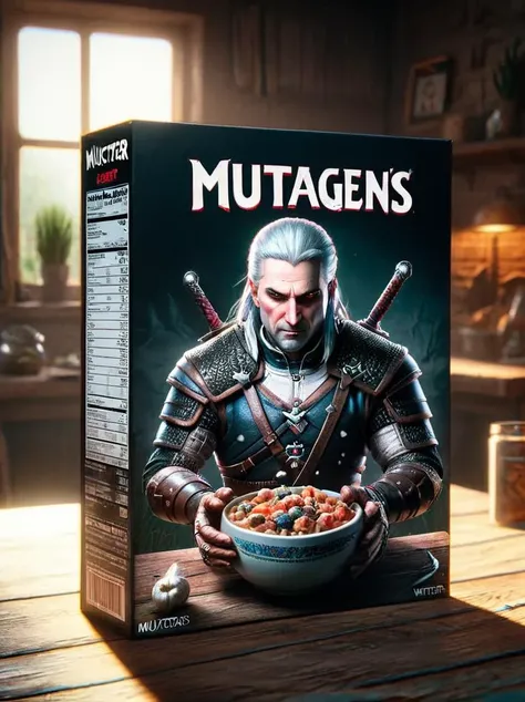 cereal box, with the text "mutagens", a witcher sitting, 8k, F2.8, RAW Photo, ultra detailed, real life <lora:Whimsy_Crunch_-_breakfast_of_champions:1>