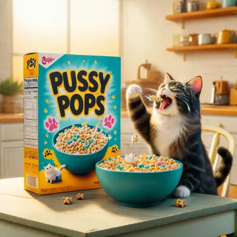 cereal box with the text "Pussy Pops", a cat-themed cereal<lora:Whimsy_Crunch_-_breakfast_of_champions:1>