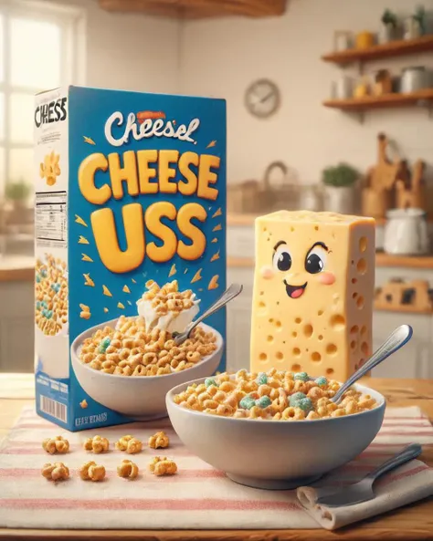 <lora:Whimsy_Crunch_-_breakfast_of_champions:1> cereal box "Cheese Us"