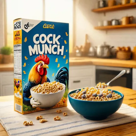 cereal box with the text "Cock Munch", a rooster themed cereal<lora:Whimsy_Crunch_-_breakfast_of_champions:1>