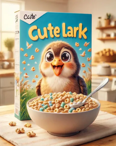 cereal box with the text cute Lark . <lora:Whimsy_Crunch_-_breakfast_of_champions:1>