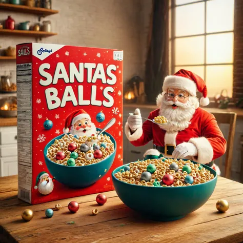 cereal box with the text "Santas Balls" <lora:Whimsy_Crunch_-_breakfast_of_champions:1>