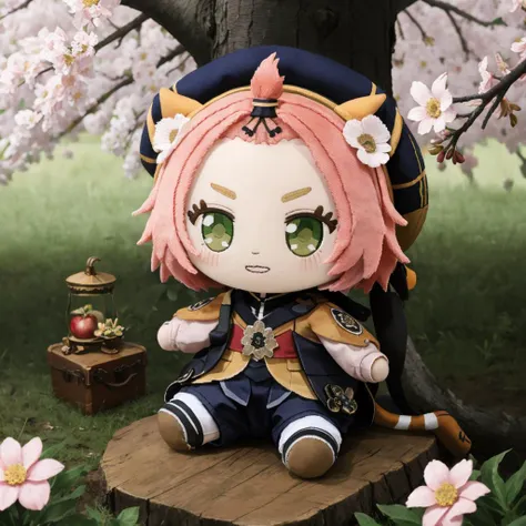 <lora:diona2:0.8> dionadef, 
laughing,
spring, flowers, sitting on an apple tree branch,
 <lora:woafu_plushify:0.9>plushify, character stuffed toy, chibi,