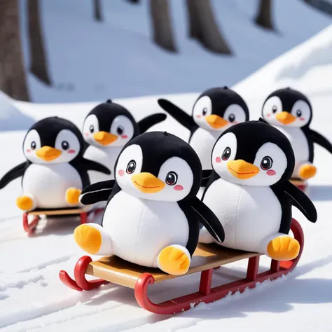 several penguins on a sled, sliding on the snow,
happy, cute, snow , snowing,
dynamic, motion blur,
<lora:woafu_plushify_sdxl_v02:0.8> plushify, character stuffed toy, chibi
