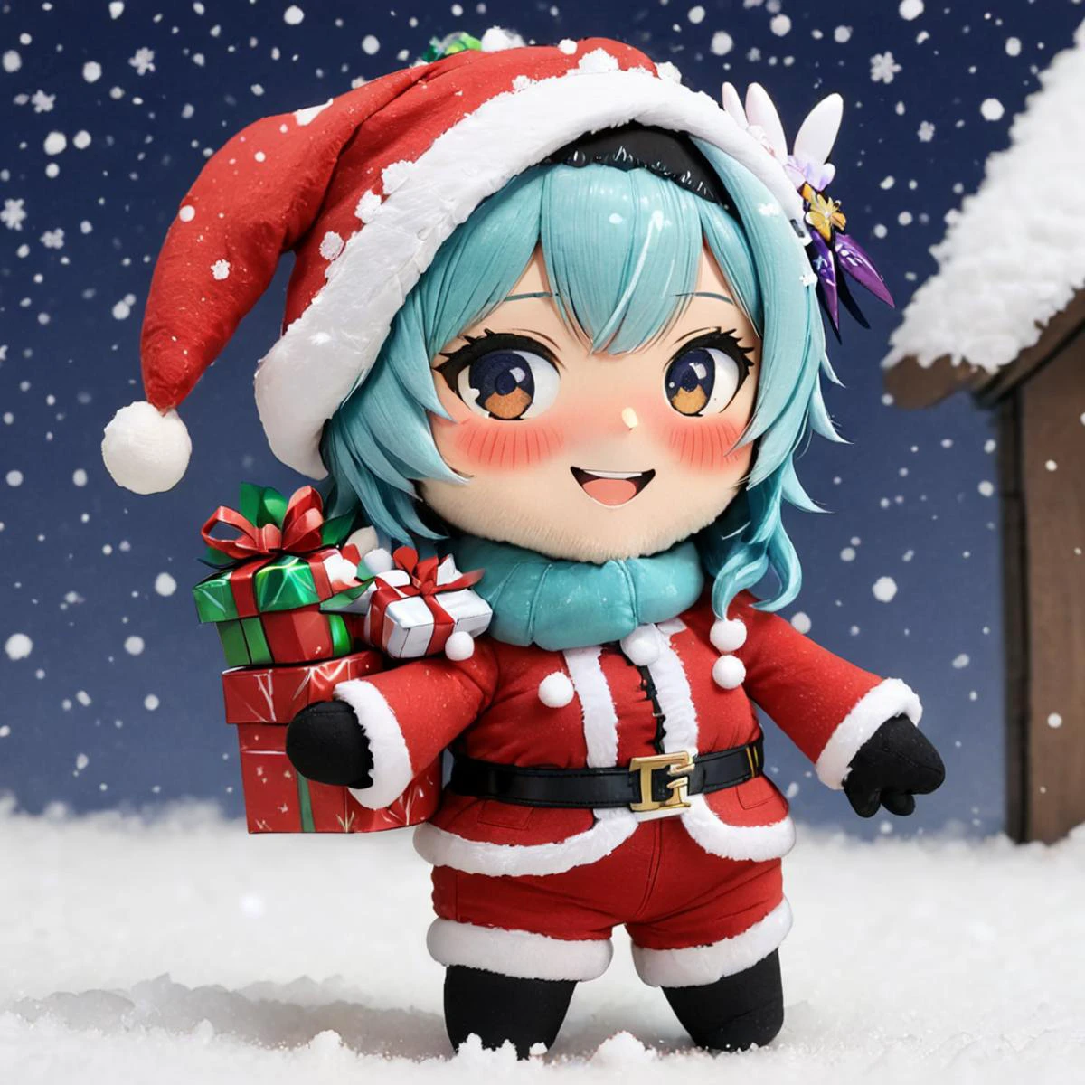 w3ularnd, santa claus outfit,
holding gifts,
cute, smiling, happy,
snow, snowing,
<lora:woafu_plushify_sdxl_v02:0.8> plushify, character stuffed toy, chibi
<lora:w3ula:1>
