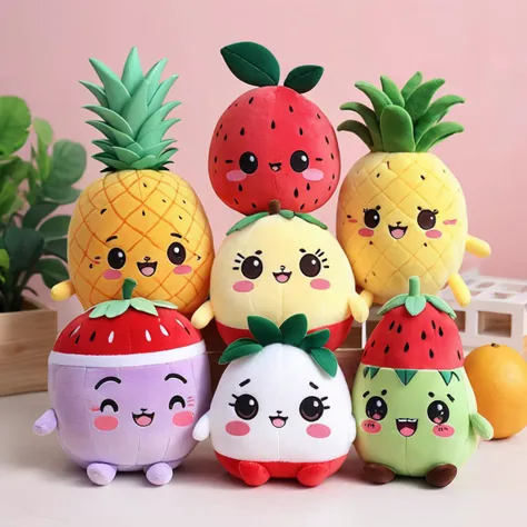 happy cute fruit friends,
kitchen background,
 <lora:woafu_plushify_sdxl_v02:0.8> plushify, character stuffed toy, chibi