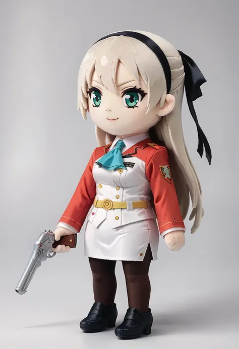score_9, score_8_up, score_7_up, score_6_up BREAK zeroElie, black hairband, hair ribbon, long hair, ascot, uniform, long red sleeves, white dress, pencil skirt, belt, pantyhose,smile,plushify, character stuffed toy, chibi,standing,holding gun,aiming <lora:woafu_plushify_pony:0.8> <lora:elie-pdxl-nvwls-v1:0.7>