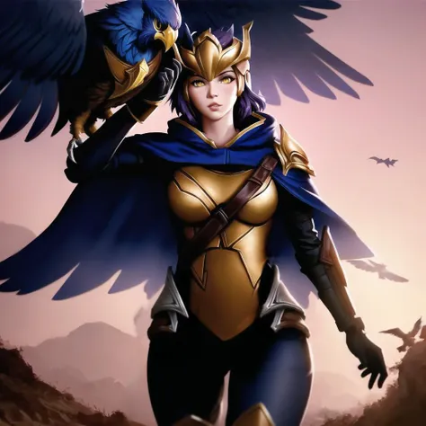 ((quinn \(league of legends\))), league of legends, 1girl, bird, armor, solo, crossbow, cape, cowboy shot, armor, (purple hair), short hair, gloves, blue cape, helmet, (yellow eyes), breastplate, bodysuit, breasts, bird, modelshoot style, (extremely detailed CG unity 8k wallpaper), full shot body photo of the best artwork in the world, professional majestic oil painting by Ed Blinkey, Atey Ghailan, Studio Ghibli, by Jeremy Mann, Greg Manchess, Antonio Moro, trending on ArtStation, trending on CGSociety, Intricate, High Detail, Sharp focus, dramatic, photorealistic painting art by midjourney and greg rutkowski