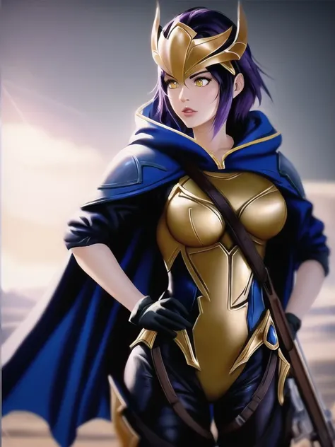 ((quinn \(league of legends\))), league of legends, 1girl, armor, solo, crossbow, cape, cowboy shot, armor, (purple hair), short hair, gloves, blue cape, helmet, (yellow eyes), breastplate, bodysuit, breasts, modelshoot style, (extremely detailed CG unity 8k wallpaper), full shot body photo of the best artwork in the world, professional majestic oil painting by Ed Blinkey, Atey Ghailan, Studio Ghibli, by Jeremy Mann, Greg Manchess, Antonio Moro, trending on ArtStation, trending on CGSociety, Intricate, High Detail, Sharp focus, dramatic, photorealistic painting art by midjourney and greg rutkowski