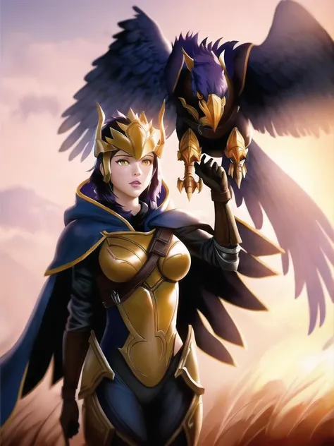 ((quinn \(league of legends\))), league of legends, 1girl, armor, solo, crossbow, cape, cowboy shot, armor, (purple hair), short hair, gloves, blue cape, helmet, (yellow eyes), breastplate, bodysuit, breasts, modelshoot style, (extremely detailed CG unity 8k wallpaper), full shot body photo of the best artwork in the world, professional majestic oil painting by Ed Blinkey, Atey Ghailan, Studio Ghibli, by Jeremy Mann, Greg Manchess, Antonio Moro, trending on ArtStation, trending on CGSociety, Intricate, High Detail, Sharp focus, dramatic, photorealistic painting art by midjourney and greg rutkowski