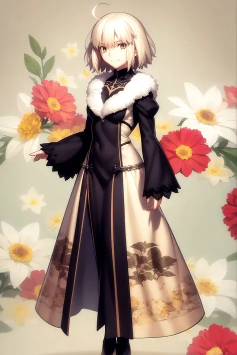 full body, solo, 1girl, kind smile, looking at viewer, beige hair, comb over, dark brown eyes, frontlighting, Fernleaf_Yarrow \(flower\), floral background <lora:takeuchi_takashi_style_v01:1>