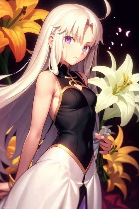 cowboy shot, solo, 1girl, whiskers, looking at viewer, bronze hair, absurdly long hair, purple eyes, beautiful detailed face, night, Lily \(flower\), floral background <lora:takeuchi_takashi_style_v01:1>