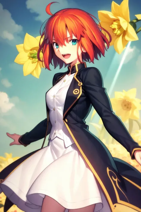 cowboy shot, solo, 1girl, :D upper teeth disgusted eyes, looking at viewer, red hair, hair between eyes, aqua eyes, god rays, Daffodil \(flower\), floral background <lora:takeuchi_takashi_style_v01:1>