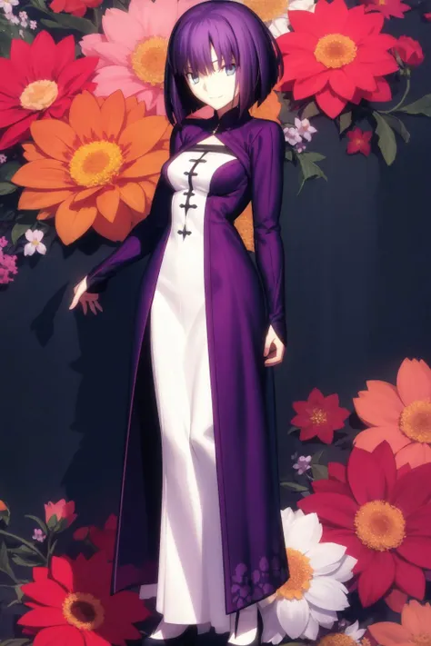 full body, solo, 1girl, happy, looking at viewer, dark purple hair, bob cut, light blue eyes, day, Nephrolepis \(flower\), floral background <lora:takeuchi_takashi_style_v01:1>