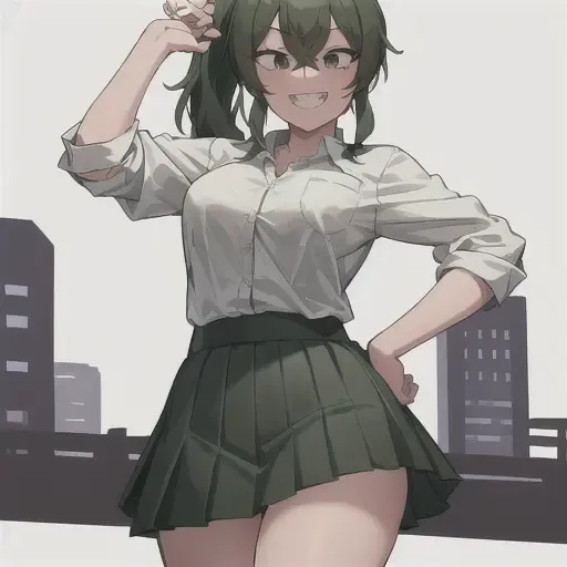 setsuna tokage, 1girl, solo, breasts, looking at viewer, smile, skirt, simple background, shirt, white background, school uniform, green eyes, white shirt, ponytail, sidelocks, pleated skirt, green hair, teeth, collared shirt, medium hair, grin, black eyes, hand on hip, sharp teeth, green skirt, sleeves rolled up <lora:SetsunaTokageLoRA-10:0.5>