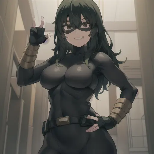 setsuna tokage, 1girl, solo, long hair, breasts, looking at viewer, smile, black hair, gloves, medium breasts, green hair, teeth, black gloves, belt, fingerless gloves, grin, black eyes, hand on hip, bodysuit, mask, contrapposto, superhero, domino mask <lora:SetsunaTokageLoRA-10:0.5>