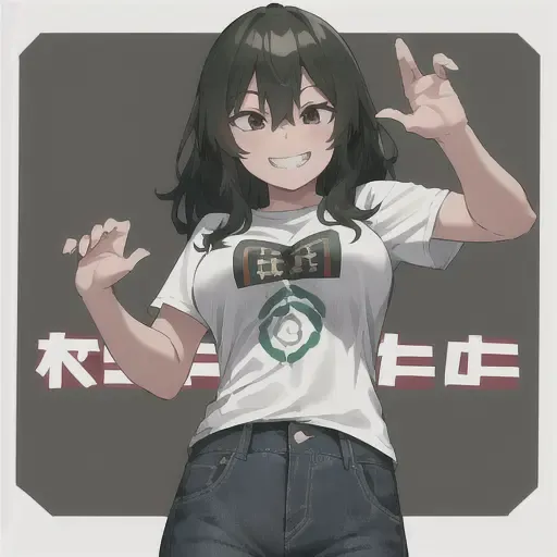 setsuna tokage, 1girl, solo, long hair, breasts, looking at viewer, smile, simple background, shirt, white background,  short sleeves, cowboy shot, pants, medium hair, grin, denim, t-shirt, jeans, ok sign <lora:SetsunaTokageLoRA-10:0.5>