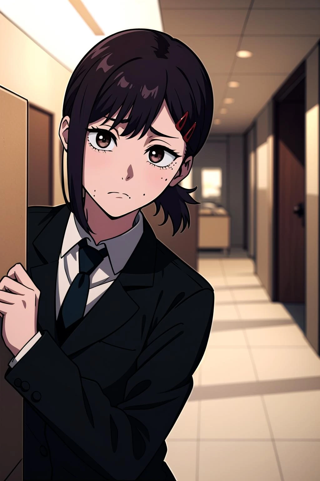 absurdres, highres, ultra detailed, dark theme, <lora:KobeniV1-000019:0.9>, kobeni, brown eyes, white collared shirt, necktie, black pants, frown, peeking out upper body, <lora:peeking_out_upper_body_pruned:1>, indoors, office