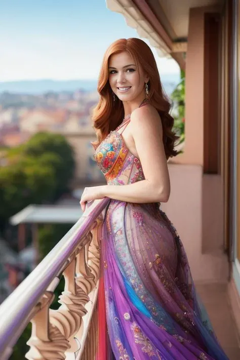 photograph of a woman, standing on a balcony, islafisher-5400, big smile, long colorful detailed dress, stunning environment, ultra realistic, concept art, elegant, ((intricate)), ((highly detailed)), depth of field, (((professionally color graded))), 8k, 85mm, f/1. 8, art by artgerm and greg rutkowski and alphonse mucha