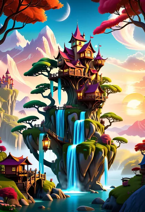 Breathtaking 3d style digital artwork transporting viewers to a magical mythsxl fantasy land, against the backdrop of a picturesque valley, this idyllic setting features a charming Fairytale Treehouse Village, nestled amongst lush foliage, meticulously created using cutting-edge techniques, rustic architecture of the homes perched among towering trees, vibrant colors of the sunset casting warm hues across the sky, high constrast, dynamic lighting adding depth and dimension to each individual object, cinematic camera angles draw viewers deeper into this enchanting world, Rich textures and fine details abound, making this an unforgettable masterpiece, <lora:SDS_Contrast tool_XL:1>