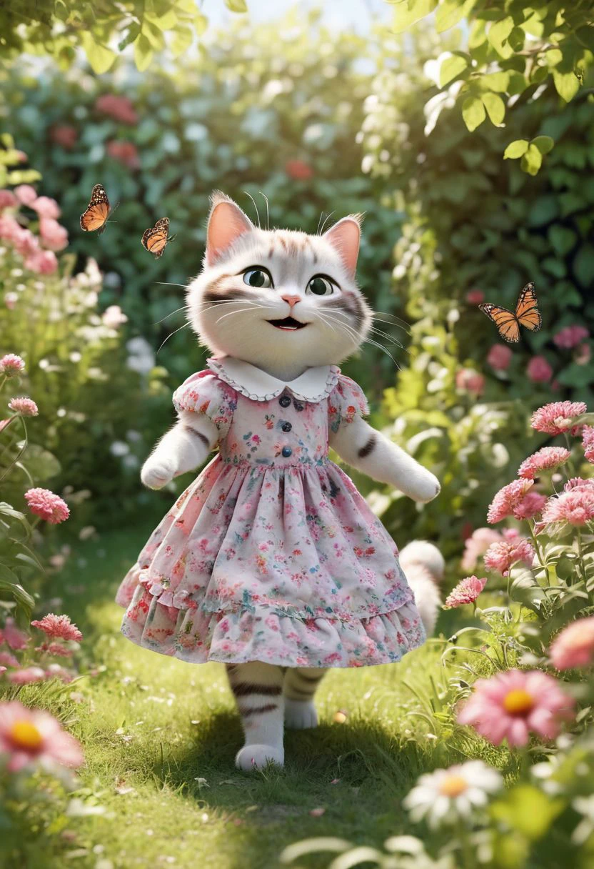 A shy sweet cat girl in a flowery summer dress grinning in a sunny garden, tries to catch small butterflies, plush, fluffy, adorable, Hyperdetailed Photography, cinematic, best quality, ultra-detailed <lora:AD-xl:0.75> <loractl:bhrf-xl:0.45:hr=1>
