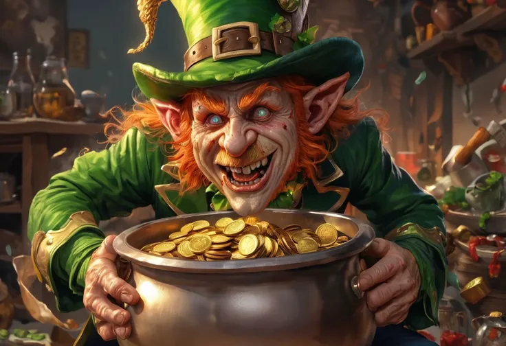 A bloody, violent, dangerous, and disheveled, leprechaun, has feverishly defended his pot of gold coins, by any means necessary. Now safe, he lustfully rubs and licks his pot o' gold. obnoxious mannerisms, gore, nightmare, 3d rendered SimplePositiveXLv2, fx-monsters-xl-meatsack