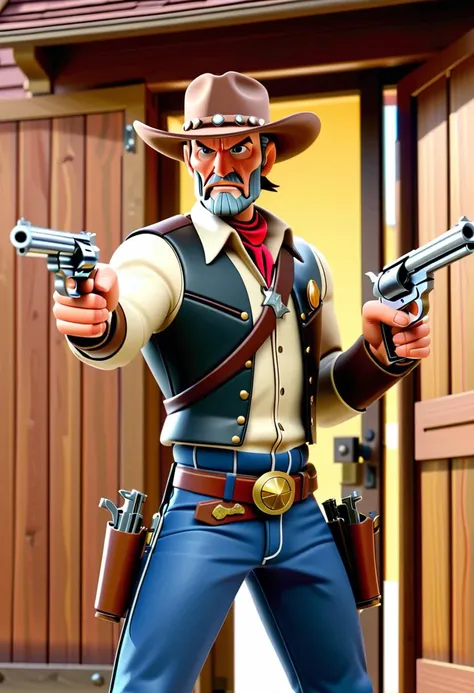 a mecha cowboy, pointing a revolver at the viewer, old western saloon doors in the background, cowboy six shooter, viewer looking down barrel,