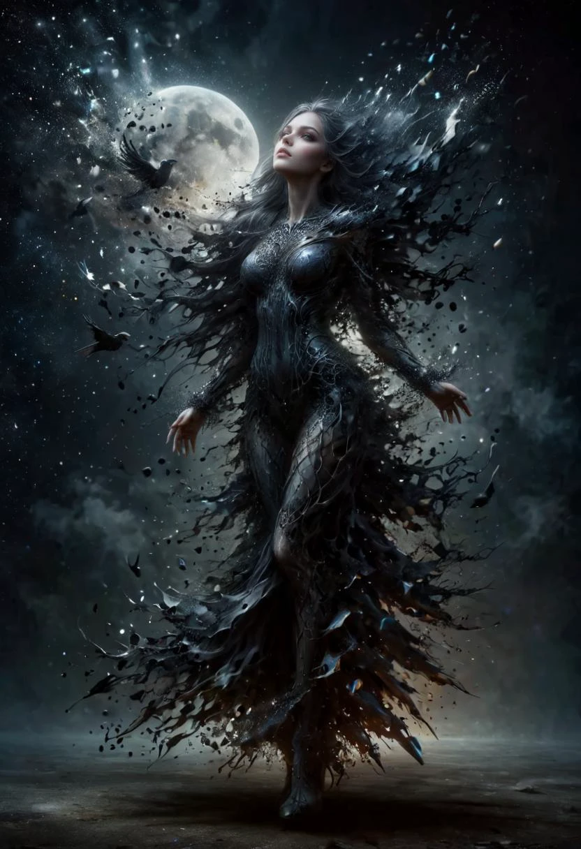 macabre style heart of the Black Desert a ral-dissolve woman cloaked in shadow stands, solo, her form a deeper shade within the all-encompassing darkness, performing a mysterious ritual known only to her, moving with precision and grace through the thick tangible obscurity that surrounds her, the ritual carving pathways of emptiness into the void itself, a massive harvest moon in the background, moon light filters through the darkness illuminating her form, crows gather around her drawn to the enigmatic aura of this sculptor of the unseen, style of Russ Mills and Tyler Shields. <lora:ral-dissolve-sdxl:1.2>, SimplePositiveXLv2, . dark, gothic, grim, haunting, highly detailed,