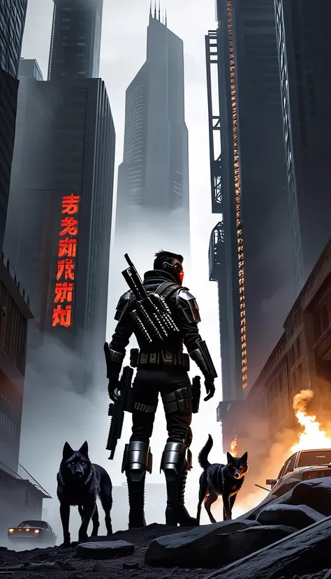 dystopian style Gritty cyberpunk bounty hunter, formidable, prowls the dimly neon-lit streets, alert, eyes scanning, wearing tactical gear, intimidating presence that commands respect, holstered weapon, holding a high-tech device used for tracking targets, wearing a menacing mask, with towering skyscrapers looming ominously in the distance, hyper-detailed ultra-realism, every element of this scene exudes danger and intrigue,  . bleak, post-apocalyptic, somber, dramatic, highly detailed,  <lora:Randommaxx_dark_offset_v1.1_lora_fp16:0.6>