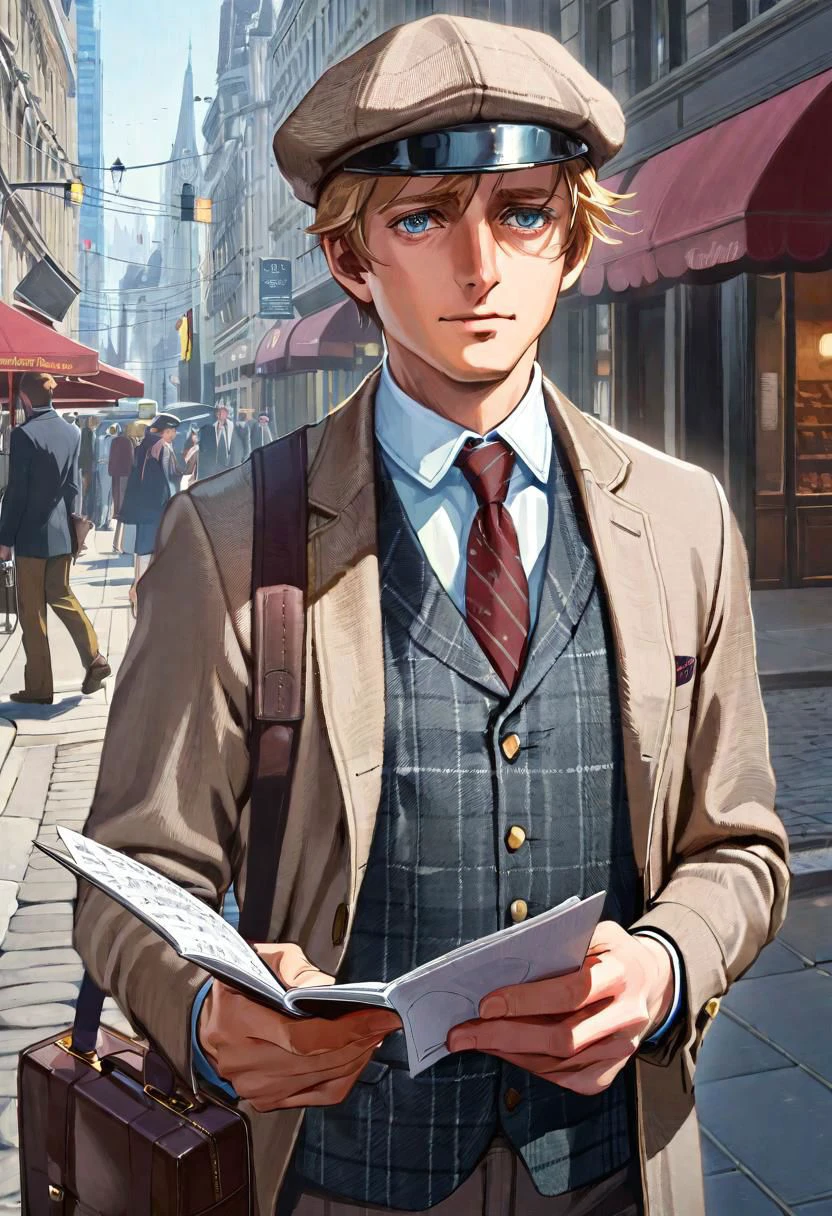 perfect handsome journalist, clear face, upper body, tweed cap,
suit, shoulder 1bag, Travel notes in hand, focused, collected,
on street fantasy city, masterpice by (Albert Eckhout:1.36),
4k textures, ultra detailed, trending in artstation, SimplePositiveXLv2