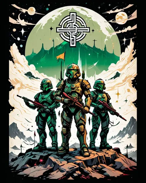 A science fiction propaganda poster of the Galactic Gaelic Collective, The poster shows a group of soldiers wearing green and gold uniforms and helmets, holding futuristic weapons and flags, standing on a rocky planet with a starry sky. The poster has a stylized Celtic knot design and the logo of the Galactic Gaelic Collective, which is a four-pointed star with a harp in the center. by Kelly Freas, Imperial Ireland OverallDetail-SDXL SimplePositiveXLv2