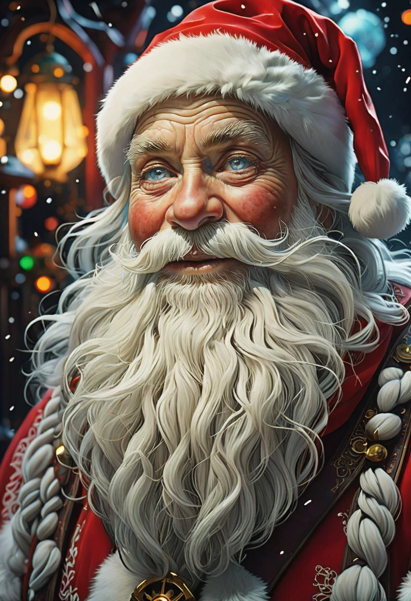dreamscape Generate an innovative digital artwork featuring an elder dwarf with a long white beard as santa, wearing a santa outfit that blends retro elements with futuristic designs, jolly and happy expression, smiling, set against the backdrop of the north pole, this piece exudes wisdom and strength through its advanced rendering techniques like tone mapping, ambient occlusion, SSAO, volumetric lighting for maximum realism, embedding:SimplePositiveXLv2, . surreal, ethereal, dreamy, mysterious, fantasy, highly detailed,