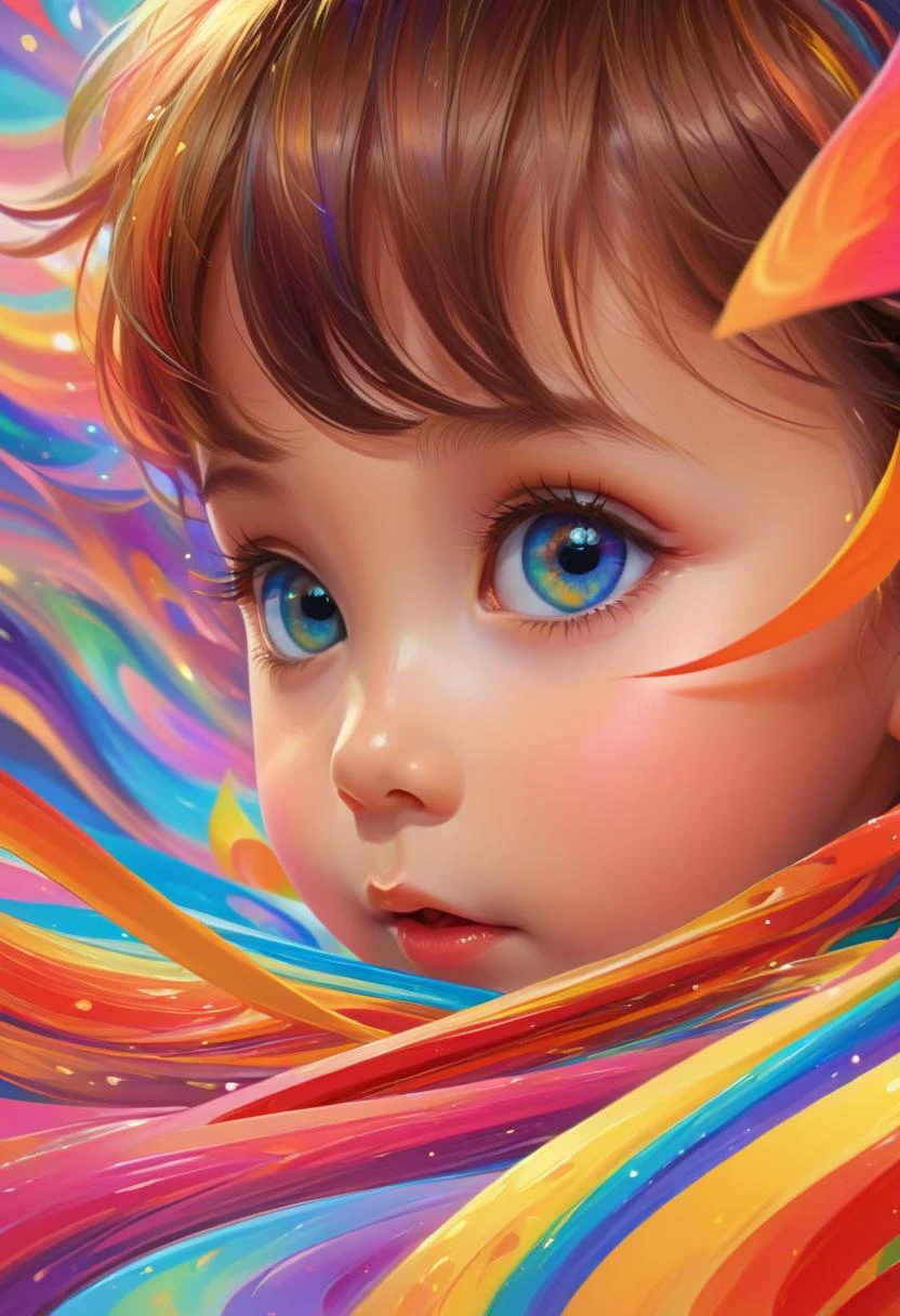 abstract style An abstract representation of a ddler, extreme close-up, with vibrant colors and shapes swirling around their form, the face is indistinct but expresses innocence and wonder, eyes are sharp clear and bright with curiosity, reaching out towards a rainbow of colors that seemingly dance around them in an abstract pattern, embedding:SimplePositiveXLv2, . non-representational, colors and shapes, expression of feelings, imaginative, highly detailed, <lora:xl_more_art-full_v1:0.6>