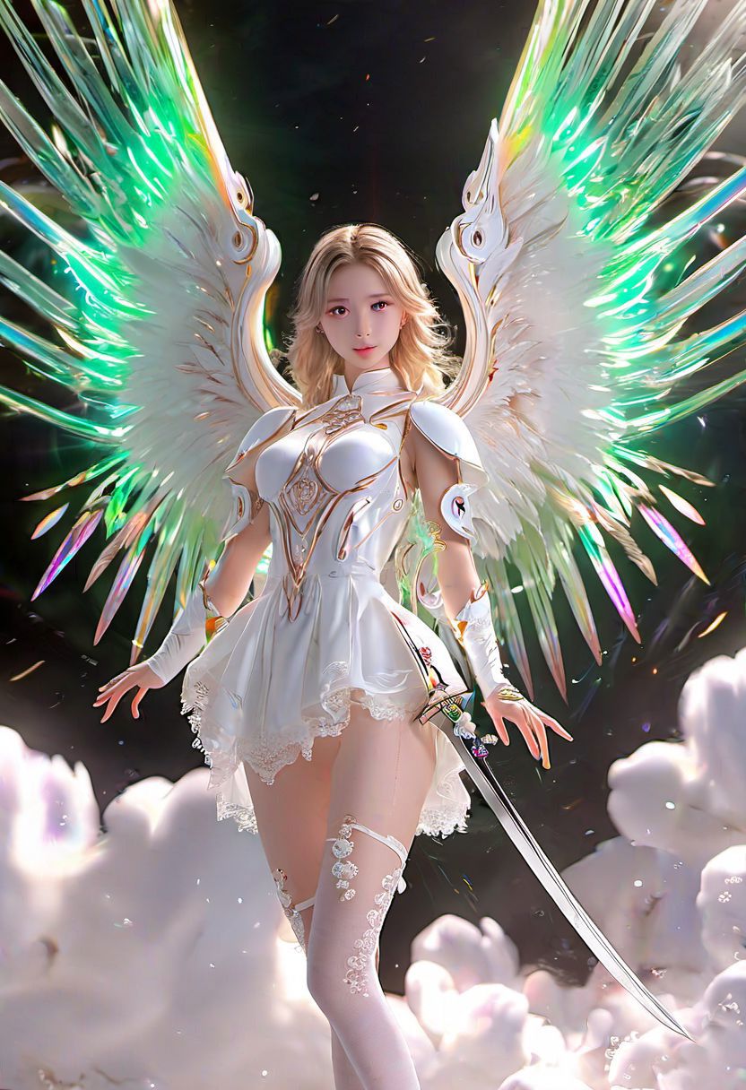 Anime angel girl with wings and sword in the sky - SeaArt AI