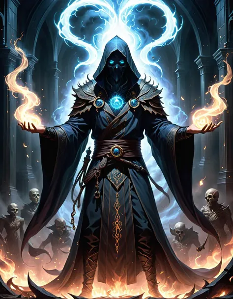 horror-themed the enigmatic sorcerer with his twisted features and glowing eyes, stands in a dimly lit chamber filled with arcane symbols etched onto every surface. The air is thick with anticipation as he raises his arms to cast an otherworldly spell that will unleash terror upon those who dare cross his path, swirling smoke with runes, style of Peter Mohrbacher, embedding:SimplePositiveXLv2, . eerie, unsettling, dark, spooky, suspenseful, grim, highly detailed,