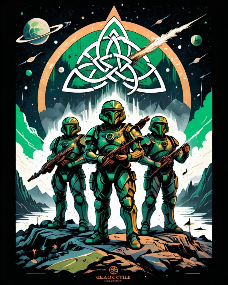 A science fiction propaganda poster of the Galactic Gaelic Collective, The poster shows a group of soldiers wearing green and gold uniforms and helmets, holding futuristic weapons and flags, standing on a rocky planet with a starry sky. BREAK The poster has a stylized Celtic knot design and the logo of the Galactic Gaelic Collective, which is a four-pointed star with a harp in the center. by Philippe Druillet, Imperial Ireland OverallDetail-SDXL SimplePositiveXLv2