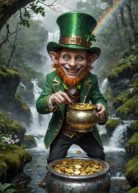 Horror-themed macabre style Hidden corrupt and dark magical realm deep within the folds of Ireland's lush countryside, mischievous leprechaun, solo, dance and play among shimmering waterfalls. Brilliant arc of a radiant rainbow leading a leprechaun \(last origin\), wearing a bright green suit and sporting a jaunty top hat. Flipping coins in his hand, he guards a gleaming pot overflowing with glittering golden coins. He flashes evil menacing grin, dark clouds, lightning storm, eerie mist, and moody lighting. style of Chris Mars,  style of Jacek Yerka, style of Stan Manoukian,  SimplePositiveXLv2, . dark, gothic, grim, haunting, highly detailed, . Eerie, unsettling, dark, spooky, suspenseful, grim, highly detailed