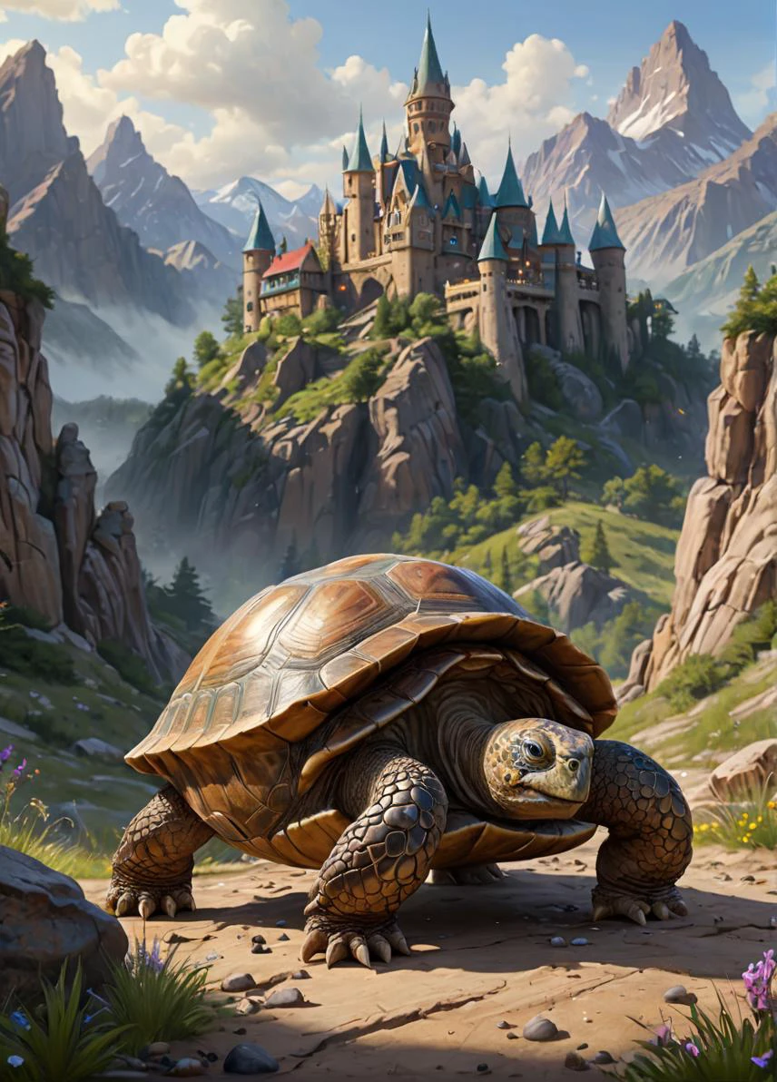 Fairy tale Amidst the rugged terrain of the Badlands, a colossal and intricately detailed tortoise moves at a steady pace, carrying a thriving village upon its weathered shell. This ancient creature exudes immense wisdom and steadfastness with each unhurried yet purposeful stride it takes. Carefully crafted buildings cling to the contours of its robust carapace, forming a unique community that exists harmoniously with their gentle giant companion. As they journey together across the unforgiving landscape, the villagers rely on the protection afforded by the mighty reptile's seemingly impenetrable armor and seek guidance from its timeless knowledge, forging bonds based on mutual respect and cooperation. SimplePositiveXLv2, . Magical, fantastical, enchanting, storybook style, highly detailed