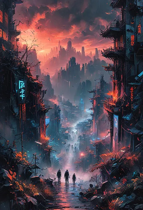 cyberpunk game style vibrant digital painting, from below, dystopian atompunk warriors, sharp eyes scan the horizon. Outcropping overlooking a cityscape with glowing neon signs and towering skyscrapers in the distance. Dripping paint splashes and a dark, ominous color scheme, Splatter Paint techniques adding texture and depth to the artwork. Style of Peter Mohrbacher and Peter Wileman, SimplePositiveXLv2, <lora:MO-80-2:0.8> ananmo . neon, dystopian, futuristic, digital, vibrant, detailed, high contrast, reminiscent of cyberpunk genre video games