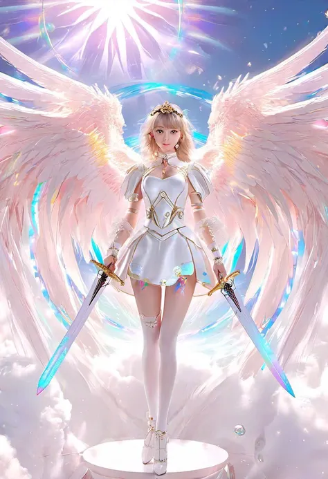 absurdres, (masterpiece:1.2), (best quality, highest quality), intricate detail, sharp focus, (anime style), aesthetic, extremely beautiful, 
transparent color PVC clothing, transparent color vinyl clothing, prismatic, holographic, chromatic aberration, 
<lora:edgWalkureXL:0.99>, (angel wings), wearing walkure, (dual wielding:1.3), (holding sword:1.5), from below, (full body:1.2), light particles, glowing light, bloom, ambient occlusion, 
, seraphins, mystical creature, the shape of sphere sorrounded by layer of hoops full of eyes, angelical, a giant eyes in the center, hundreds of hoops around the body,
(mature female), seductive smile, blush, spoken heart, puffy nipples, large areolae, curvy, groin, huge breasts, girl on top, cowgirl position, happy sex, cameltoe, clitoris, pussy, vaginal, cum in pussy, pussy juice, cumdrip, (pubic tattoo:1.5), glowing tattoo, invisible penis, cum on legs, cum on legwear, (see-through), skindentation,
armpits, looking at viewer, symbol-shaped pupils, ejaculating while penetrated, ejaculation,
lace-trimmed armor, wearing (ripped pantyhose:1.2), wearing lace-trimmed skirt, high-waist skirt, 
SimplePositiveXLv1, emerald fractal eyes