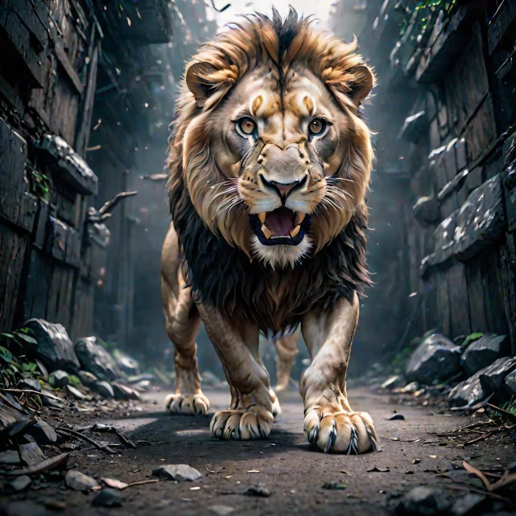 massive lion attacking camera, realistic photo, <lora:LCM_LoRA_Weights:0.65>, high quality, SimplePositiveXLv2, masterpiece, best quality, unreal engine, 8k, 4k, extremely clear, ultra detailed, cinematic film still, shallow depth of field, vignette, highly detailed, Hollywood movie