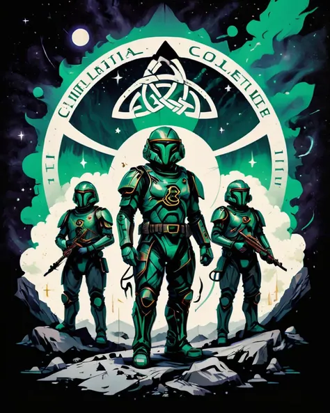 A science fiction propaganda poster of the Galactic Gaelic Collective, The poster shows a group of soldiers wearing green and gold uniforms and helmets, standing on a rocky planet with a starry sky. BREAK The poster has a stylized Celtic knot design and the logo of the Galactic Gaelic Collective, which is a four-pointed star with a harp in the center, ((claiming the planet for Imperial Ireland)) OverallDetail-SDXL SimplePositiveXLv2, <lora:texta:1.2>