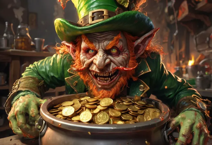 A bloody, violent, dangerous, and disheveled, leprechaun, has feverishly defended his pot of gold coins, by any means necessary. Now safe, he lustfully rubs and licks his pot o' gold. obnoxious mannerisms, gore, nightmare, 3d rendered SimplePositiveXLv2, fx-monsters-xl-meatsack