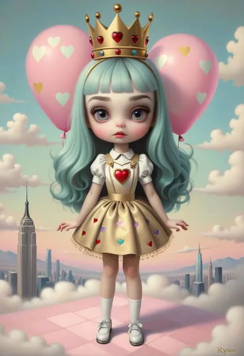 Excellence a painting of a {cyberpunk young girl that is posing, simply dress, golden crown, 3/4 aerial view, 60s, pastel colors, hearts cloud}, masterpiece by (Mark Ryden:1.36), 4k textures, ultra detailed, (surrealism), trending in artstation, SimplePositiveXLv2