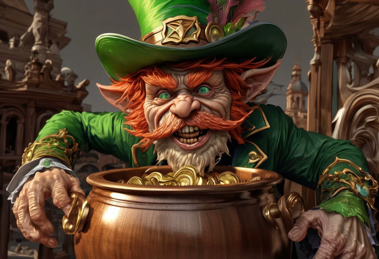 A bloody, violent, dangerous, and disheveled, leprechaun, has feverishly defended his pot of gold coins, by any means necessary. Now safe, he lustfully rubs and licks his pot o' gold. obnoxious mannerisms, gore, nightmare, 3d rendered SimplePositiveXLv2, fx-monsters-xl-meatsack