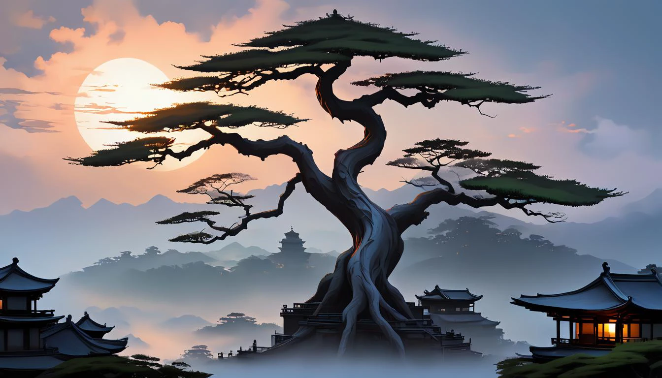 A serene atompunk style scene unfolds before our eyes - a solitary bonsai style tree standing tall amidst East Asian architecture, its wind swept branches reaching across the horizon towards the fading sunset. In the distance, the building silhouettes echoing the tree's resilience and strength. A lone bird soars across the sky, adding to the melancholic beauty of this moment. The entire piece is rendered in muted tones accentuating the stark contrast between the natural and artificial elements present, official artwork, showcasing the artist's remarkable talent for creating stunning visuals using just a few strokes of the brush, Despite its simplicity, the image resonates deeply, inviting introspection and reflection on the fleeting nature of existence, embedding:SimplePositiveXLv2, <lora:xl_more_art-full_v1:0.4>