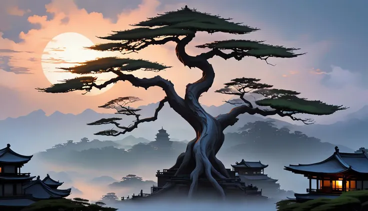 A serene atompunk style scene unfolds before our eyes - a solitary bonsai style tree standing tall amidst East Asian architecture, its wind swept branches reaching across the horizon towards the fading sunset. In the distance, the building silhouettes echoing the tree's resilience and strength. A lone bird soars across the sky, adding to the melancholic beauty of this moment. The entire piece is rendered in muted tones accentuating the stark contrast between the natural and artificial elements present, official artwork, showcasing the artist's remarkable talent for creating stunning visuals using just a few strokes of the brush, Despite its simplicity, the image resonates deeply, inviting introspection and reflection on the fleeting nature of existence, embedding:SimplePositiveXLv2,  <lora:xl_more_art-full_v1:0.4>