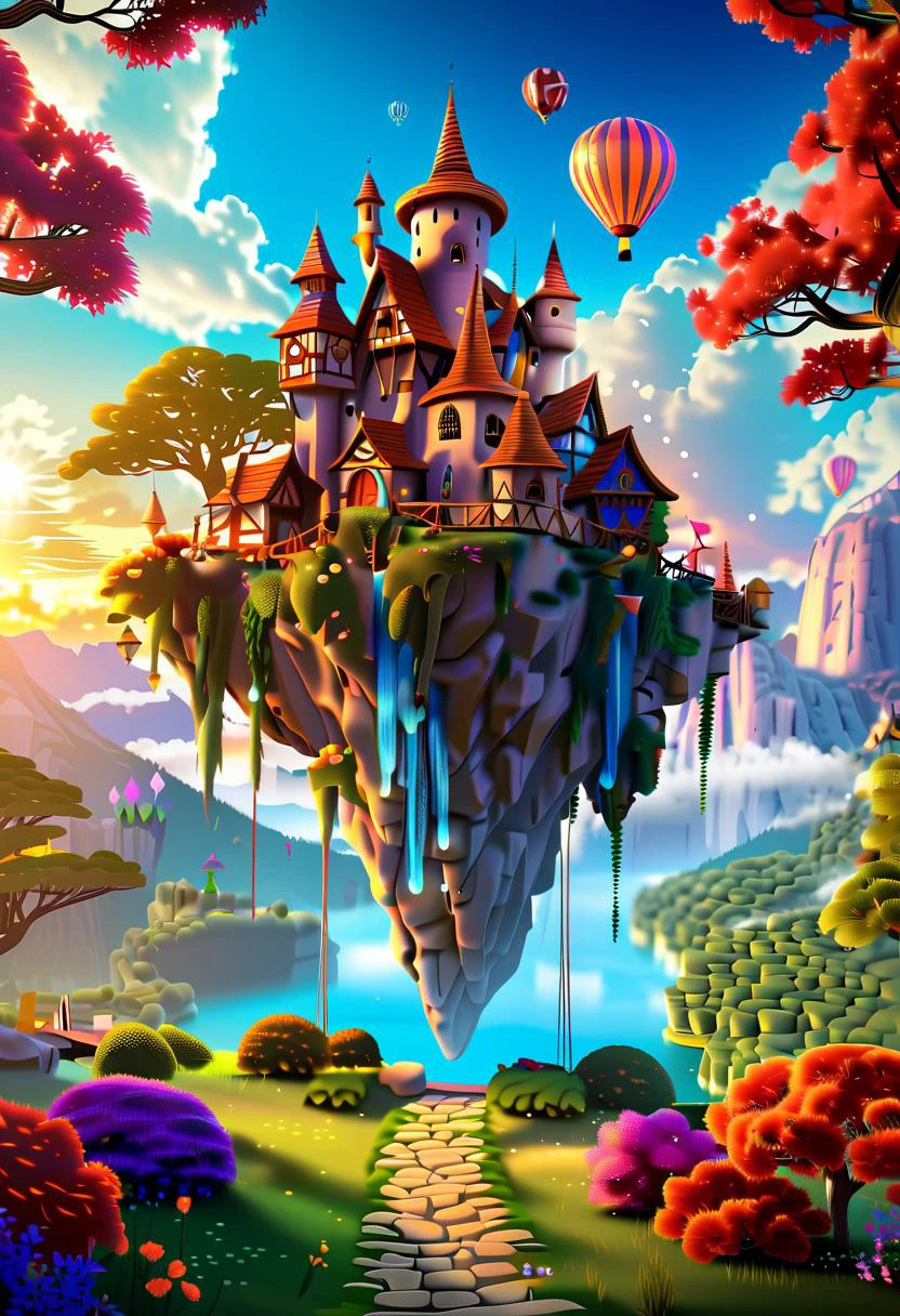 Breathtaking 3d style digital artwork transporting viewers to a magical mythsxl fantasy land, against the backdrop of a picturesque valley, this idyllic setting features a charming Fairytale Treehouse Village, nestled amongst lush foliage, meticulously created using cutting-edge techniques, rustic architecture of the homes perched among towering trees, vibrant colors of the sunset casting warm hues across the sky, high constrast, dynamic lighting adding depth and dimension to each individual object, cinematic camera angles draw viewers deeper into this enchanting world, Rich textures and fine details abound, making this an unforgettable masterpiece, <lora:SDS_Contrast tool_XL:1>, <lora:add-detail-xl:0.8>