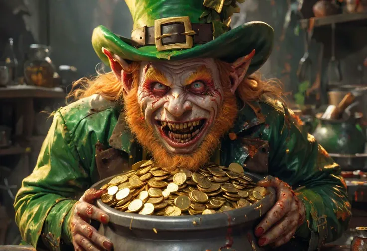 A bloody, violent, dangerous, and disheveled, leprechaun, has feverishly defended his pot of gold coins, by any means necessary. Now safe, he lustfully rubs and licks his pot o' gold. obnoxious mannerisms, gore, nightmare, 3d rendered SimplePositiveXLv2, fx-monsters-xl-meatsack